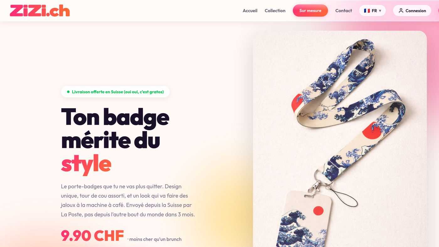 Boutique en ligne zizi.ch, porte-badges design, conçue et développée par netVD
